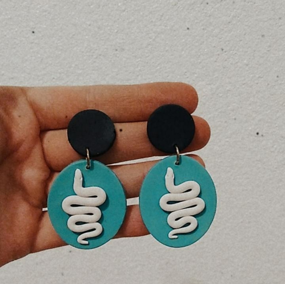 SOLD/Turquoise snake clay earings